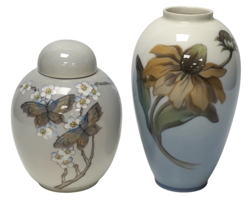 A Royal Copenhagen jar and cover and a similar vase, largest 18cm high. Condition - good